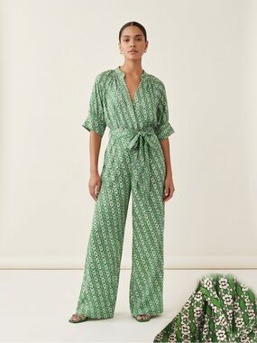 MELLODAY Green Floral Tie-Front Wide-Leg Jumpsuit SIZE SMALL